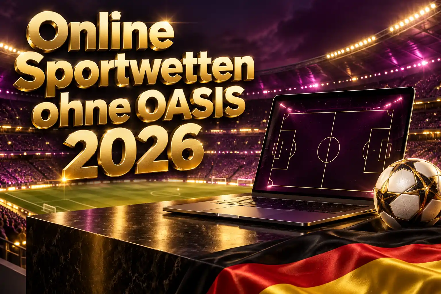 Online Sportwetten ohne OASIS 2026 – goldener Schriftzug mit Laptop, Fußball und deutscher Flagge vor einem violett beleuchteten Stadion