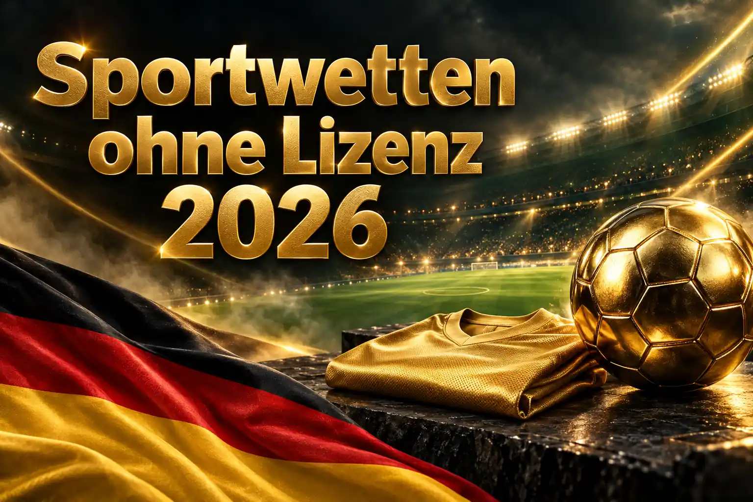 Sportwetten ohne Lizenz 2026 – goldener Schriftzug mit goldenem Fußball und Trikot vor einem beleuchteten Stadion mit deutscher Flagge