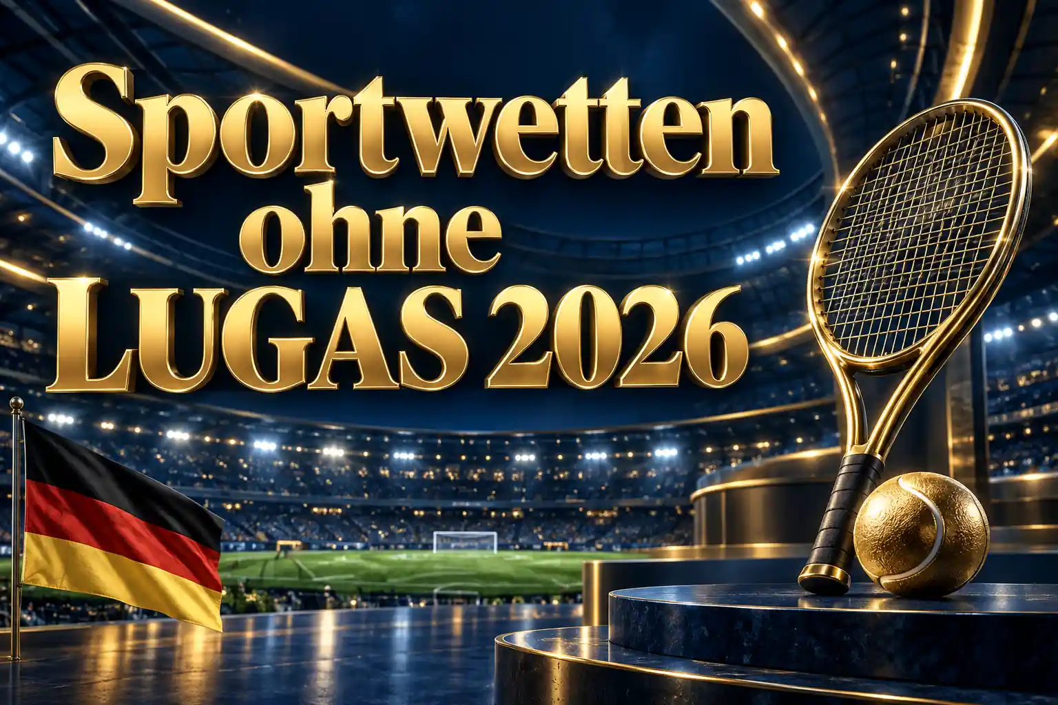 Sportwetten ohne LUGAS 2026 – goldener Schriftzug mit Tennisschläger und Tennisball auf einem Podest im beleuchteten Stadion mit deutscher Flagge